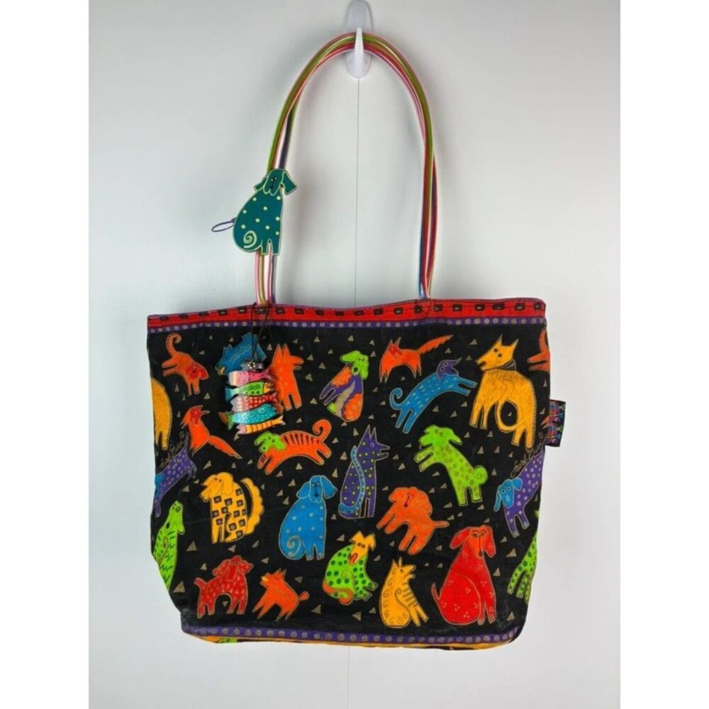 Laurel Burch "Dogs and Doggies" colorful waterproof canvas tote bag